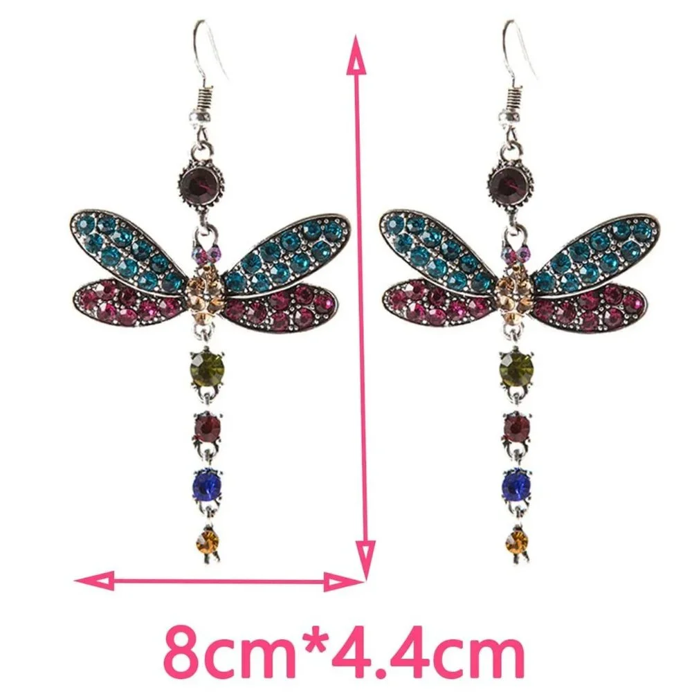 Earrings Dragonfly Rhinestone Drop Large Amazing Colors & Sparkle Pierced New - Picture 3 of 3